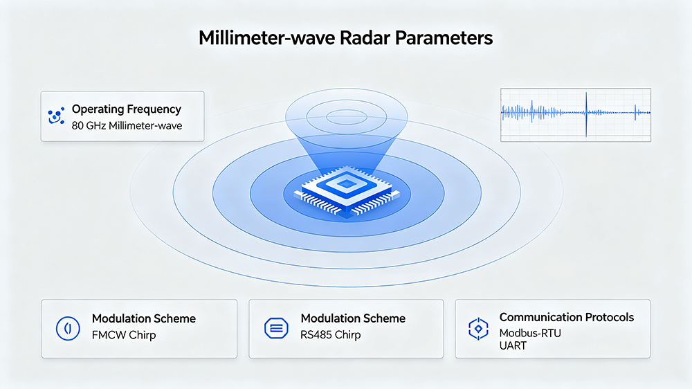 What is the millimeter-wave operating frequency, modulation scheme, and supported communication protocols?